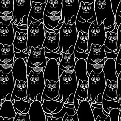 cute smiling cats, closely spaced, white outlines on a black background, seamless black and white pattern, for fabric, paper