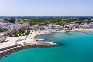 Aerial view of Otranto with Harbour and Castle, Lecce province, Salento peninsula, Puglia, Italy,...