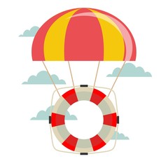 Obraz premium Life buoy with parachute in the sky. Vector flat design illustration.