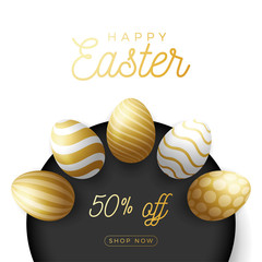 Luxury Easter egg square banner. Royal Golden Easter big sale card with big gold, white and black ornate egg on white modern background. Vector illustration. Place for your text.