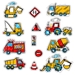 cartoon colored machines. concrete mixer, crane, dump truck , bulldozer, signs. stickers with a cutting outline, on a white isolated background © Pavel