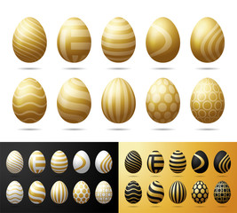Easter golden eggs set. Realistic 3D eggs with black, white and glitter gold ornament isolated on white background. For greeting card, ad, promotion, poster, flyer, web banner