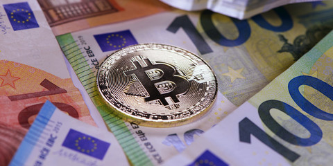 Golden bitcoin Euro background. Bitcoin cryptocurrency