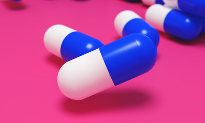 Capsule medicine pills, health pharmacy concept. Drugs for treatment medication. Heap of blue white color capsules on pink background. 3d illustration