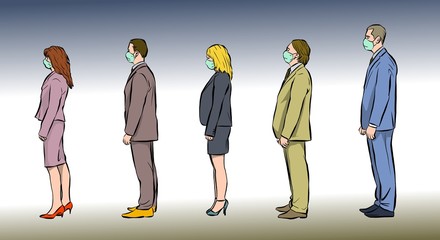 a group of people lined up waiting for their turn. they are spaced apart and breathe through a protective mask. covid-19 prevention. illustration.
- 335292093
