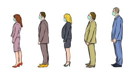 a group of people lined up waiting for their turn. they are spaced apart and breathe through a protective mask. covid-19 prevention. illustration.
- 335292214
