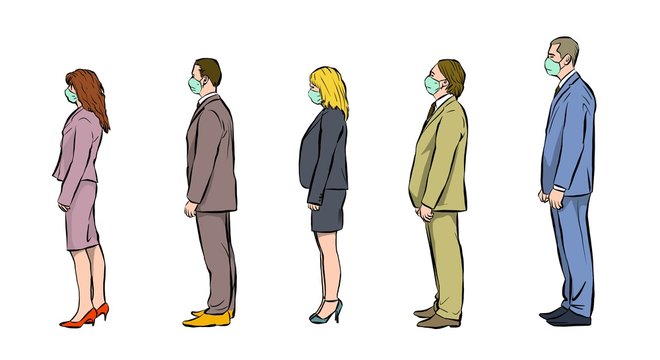 a group of people lined up waiting for their turn. they are spaced apart and breathe through a protective mask. covid-19 prevention. illustration.
