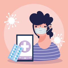 online doctor, patient smartphone packing medicine pills covid 19