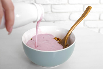 breakfast. healthy eating. food. Whole grain porridge with yogurt, nuts and bananas