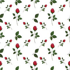 Watercolor seamless pattern with sprigs of red roses and green leaves.On white background.For wrapping paper, fabrics,textiles and clothing, wallpaper,cards and other design projects.