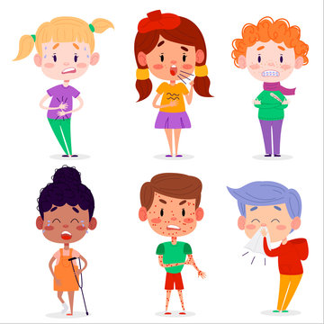 children disease symptoms vector illustration. Kids flat character cartoons illustration on white isolated background. Children have stomachache, fever, chickenpox, broken leg, sneeze and cough