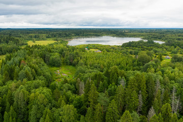 Obraz premium Aerial view of Lake Oleshno near the village of Mshentsi. Tver region, Russia