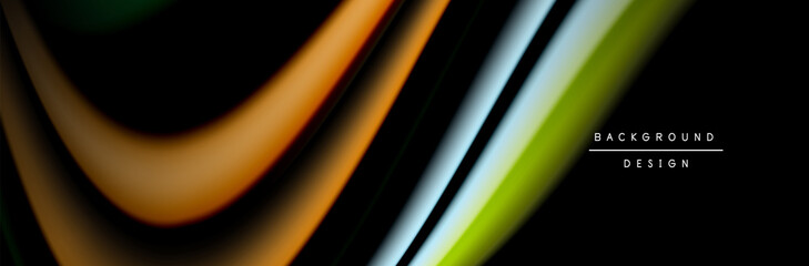 Сolorful flow poster. Wave liquid lines and shapes in black color background. Vector Illustration