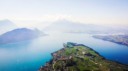 Aerial view of Weggis and Mount Pilatus over the lake of Lucerne from mount Rigi in Switzerland