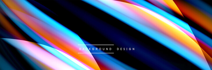 Сolorful flow poster. Wave liquid lines and shapes in black color background. Vector Illustration