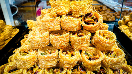 Baklava bilbol nest sweet dessert pastry with pistachio nuts