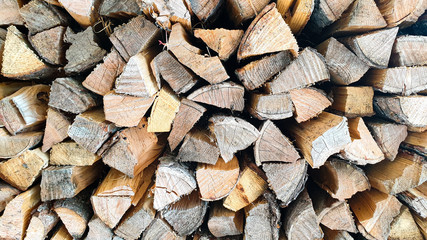 Close-Up of piled chunks of wood billet