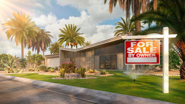 Modern Desert Home For Sale With Yard Sign And Palms 3d Render