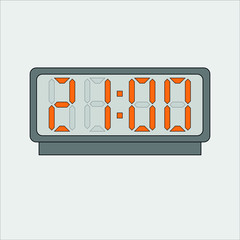 Vector image or picture of digital clock or alarm with orange figures watching time on the light grey background.Twenty one hours o'clock