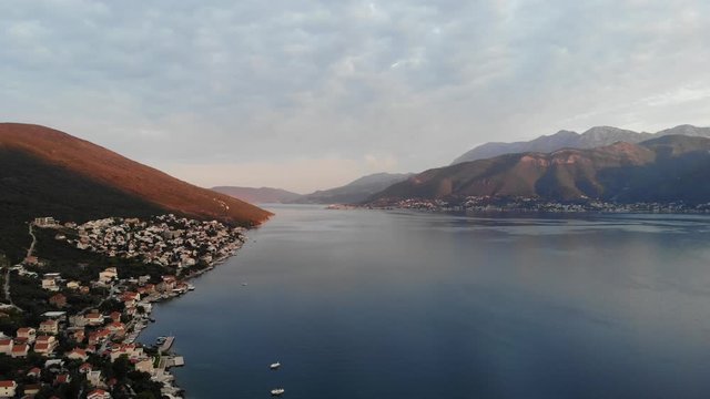 Beautiful view of the Bay of Kotor in Montenegro. Aerial view. Tivat city