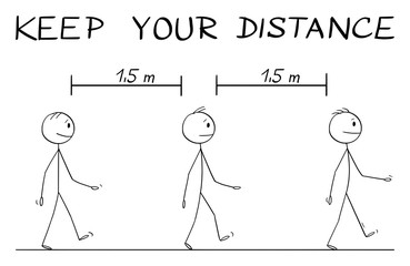 Vector cartoon stick figure drawing instructional illustration how to walk on street during coronavirus COVID-19 epidemic. Keep your distance text.