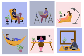 Home office work from home, illustration of people woman and man sitting and working on computer or tablet vector stylish coworking examples