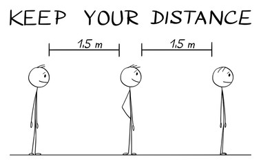 Vector cartoon stick figure drawing instructional illustration how to stand in line or be in queue during coronavirus COVID-19 epidemic. Keep your distance text.