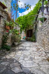 Fototapeta na wymiar Cyprus village Lefkara. View of a village stony street with lot of green and colorful walls.