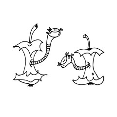 Cartoon worms in apple core in face masks in self-quarantine, hand drawn vector illustration isolated on white background