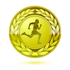 Gold plated round medal with runner man Sport honoring or awarding achievement.