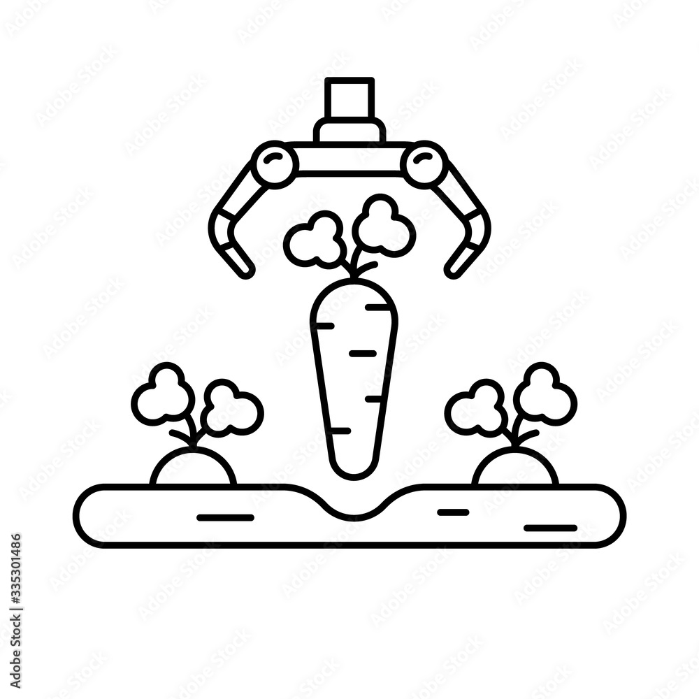 Fototapete farming robot. line art icon of automatic harvesting. illustration of pulling carrots from ground. c