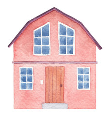 Watercolor hand drawn illustration of red Mediterranean house