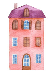 Watercolor hand drawn illustration of red Mediterranean house