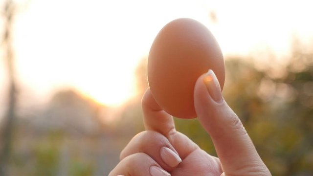 Easter egg in a female hand. Outdoors. Slow motion