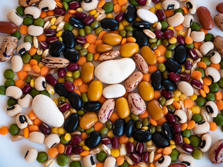 Still life food of green and red azuki beans, Spanish beans, brown beans, cannellini beans, tondini beans, borlotti beans, great northern beans, black beans, black eye beans, salugia beans