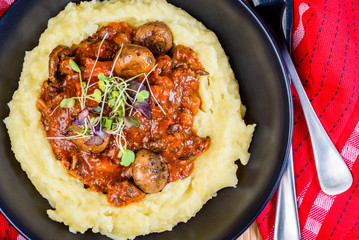 Lamb Bourguignon, with Speck, Glazed Mushrooms and Parmesan Mash Potato