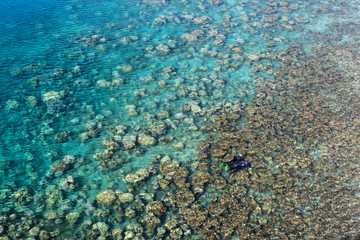 A pair of snorkelers explore a shallow coral reef in the Republic of Palau. This remote island nation is known for its spectacular marine biodiversity and is a popular destination for scuba divers.