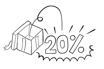Vector hand drawn of opened gift box and 20 percent discount. Black outlines and white background.