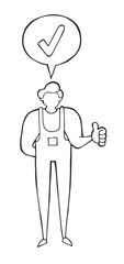 Vector repairman giving thumbs up. Hand drawn illustration. Black outlines, white background.