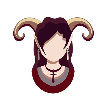 Isolated vector image. Simple avatar in flat style. The face of a young girl with red hair. Hairstyle. Without a facial expression. Fashion, Gothic, earring, cross, dyed red hair.