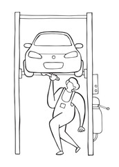 Vector car repairman lifted car o auto lift and fixing. Hand drawn illustration. Black outlines, white background.