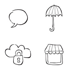 Hand drawn doodle icon objects. Speech bubble, umbrella, locked cloud and shop store. Black outlines, white.