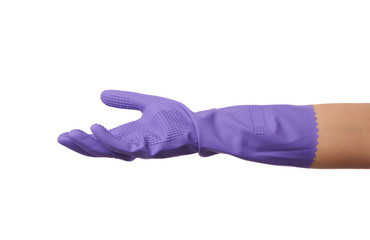 purple rubber glove for cleaning is dressed on his hand, his palm is open