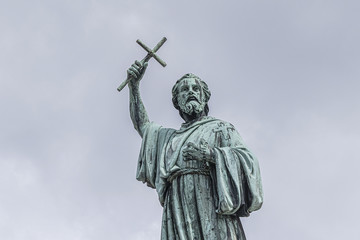 Statue of Pierre l'Ermite (Peter the Hermit) at Saint Michel square near Basilique Cathedrale Notre-Dame d'Amiens. Pierre l'Ermite was a priest of Amiens. Amiens, Somme, Picardie, France.