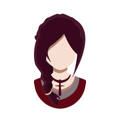 Isolated vector image. Simple avatar in flat style. The face of a young girl with red hair. Hairstyle. Without a facial expression. Fashion, Gothic, earring, cross, dyed red hair.