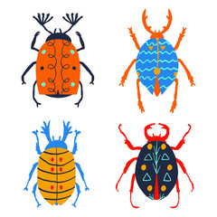 Collection set of colorful beetles isolated on white background. Multicolored ornate insects. Decorative creatures with horns. Trendy design for shirt, mug. Vector illustration.