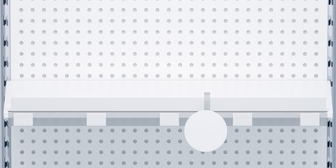 3D image front view. White grocery retail shelf with shelf talker, round wobbler and place for shelf stripe on shelving background design template for mock up.