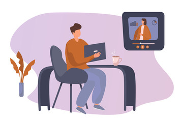 Boy Watching Online Courses.Student Freelancer Working at Home.Online Business School Concept.Online Video Communication.Concept of Video Presentation and Training in Business.Vector Flat illustration