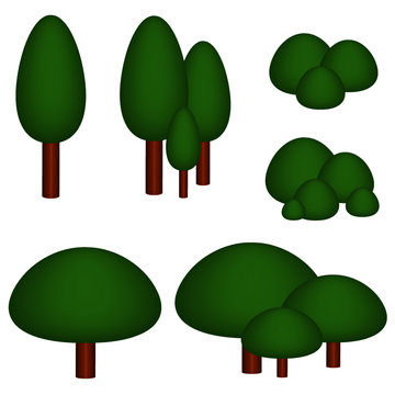 Illustrations pictogrammes 3D arbres et buissons