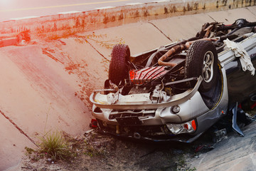 Car accident on the street, front of black car get damaged by accident on the road comes from drunk...